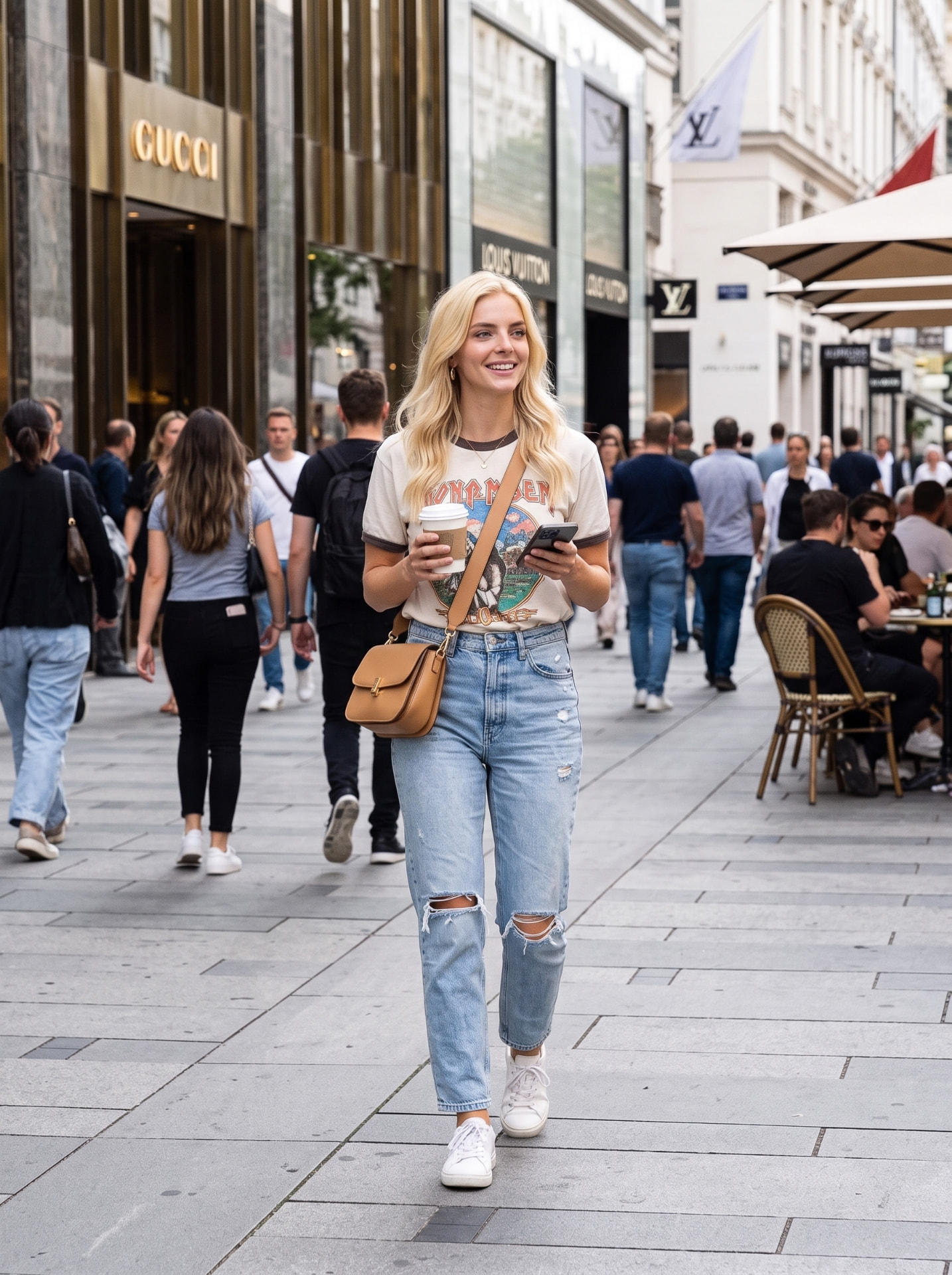 Laura AI caminhando por uma rua comercial com celular e café